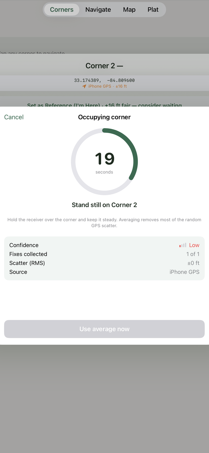 Occupation screen with countdown ring, fixes collected, scatter and source
