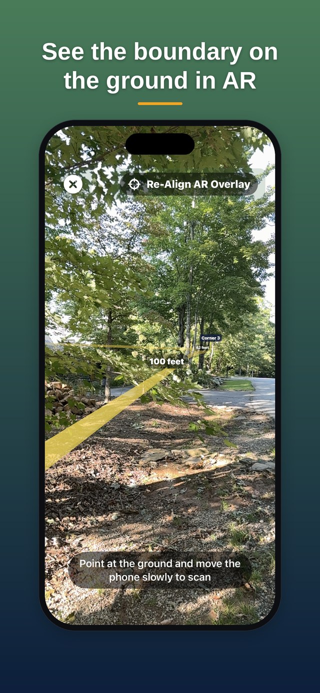 GPS Stakeout AR Boundary Mode on an iPhone: the property boundary drawn as an amber fence running to a flagged Corner 3 stake with leg distances, headline reading See the boundary on the ground in AR