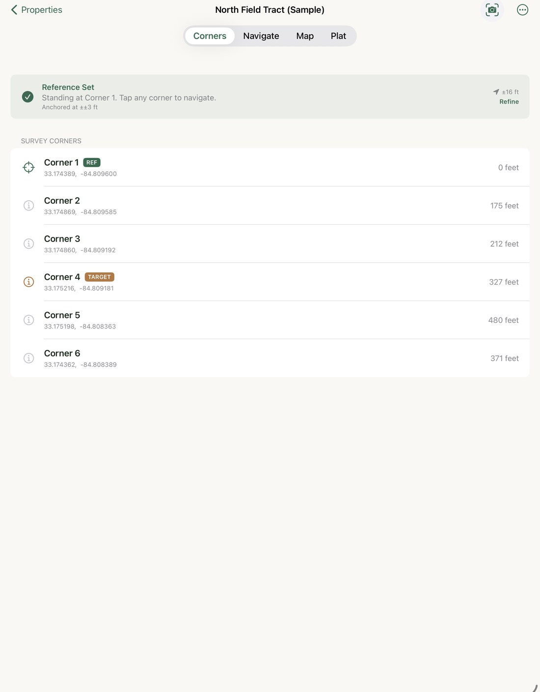 Corners tab listing Survey Corners — Corner 1 through Corner 4, each with an info button