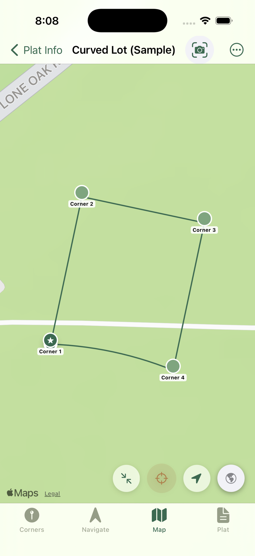 A curved-frontage lot on the map — the boundary drawn as a true arc along the road frontage, corners placed correctly