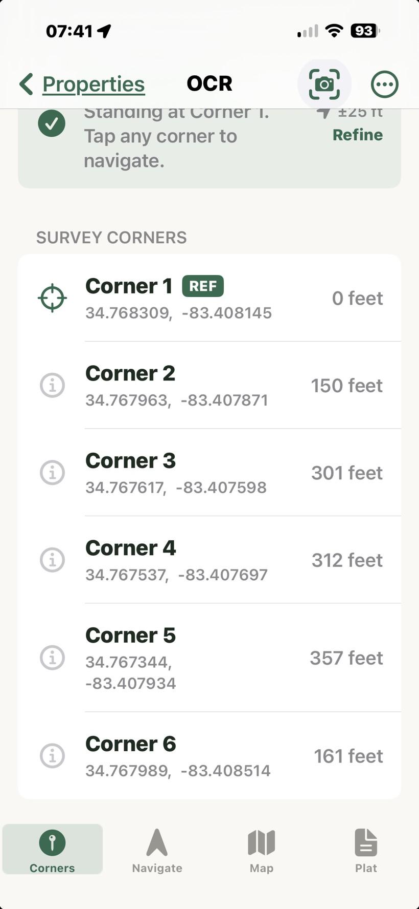 Parsed corners list showing Corner 1 through Corner 4 with monument descriptions from the deed
