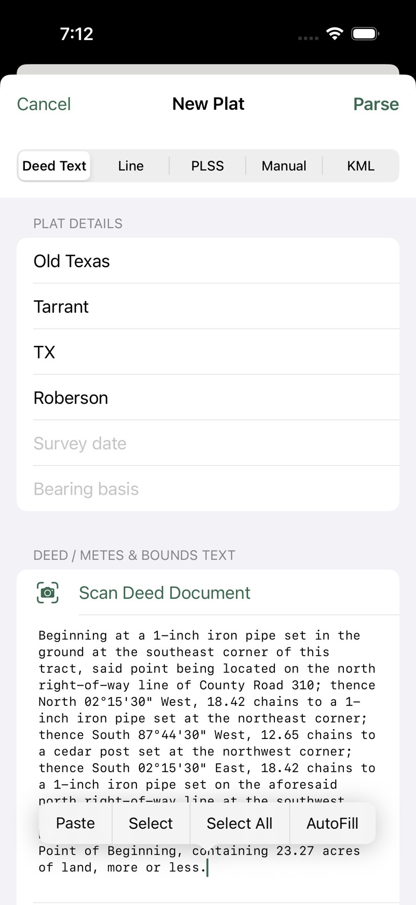 Deed Text tab with a full metes-and-bounds legal description pasted in and the Parse Deed button below