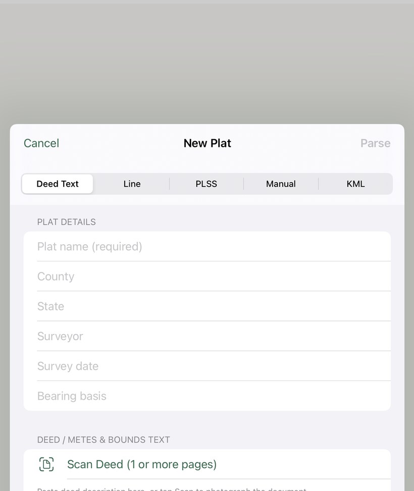 New Plat sheet with Deed Text tab selected, showing deed text field and Scan Deed Document button