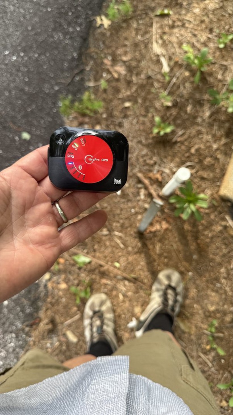 Dual XGPS160 SkyPro GPS receiver powered on at a survey pin
