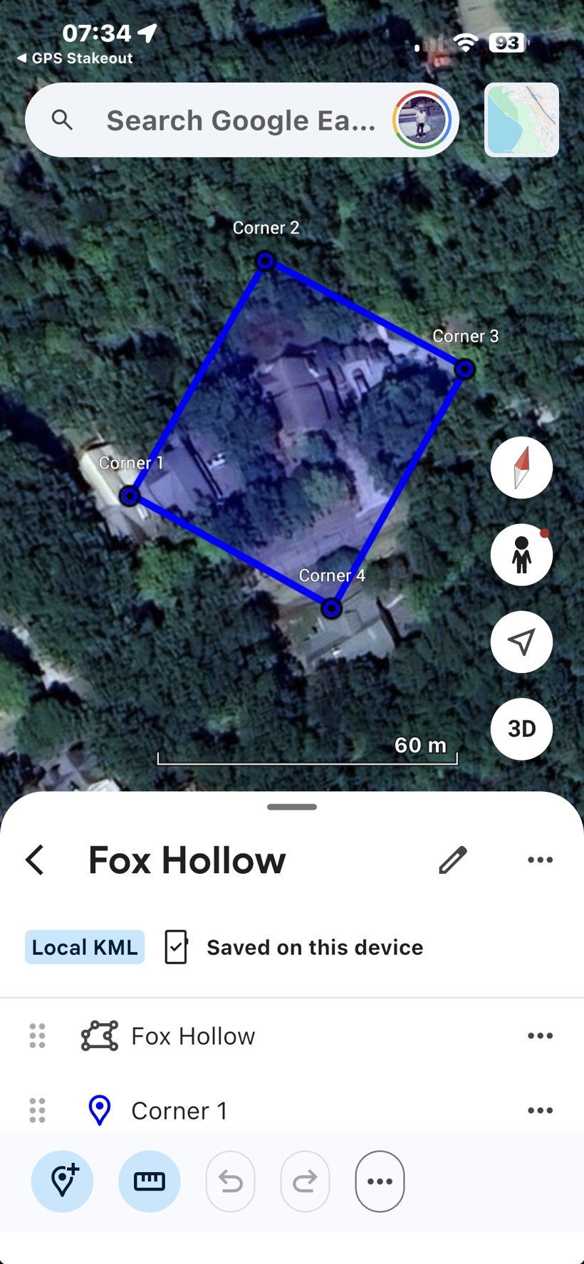 Google Earth on iOS showing a KML export from GPS Stakeout — large residential boundary polygon with 33 labeled corner pins overlaid on satellite imagery, Corner 15 selected showing coordinates 41°40′09.65″N 91°28′58.46″W