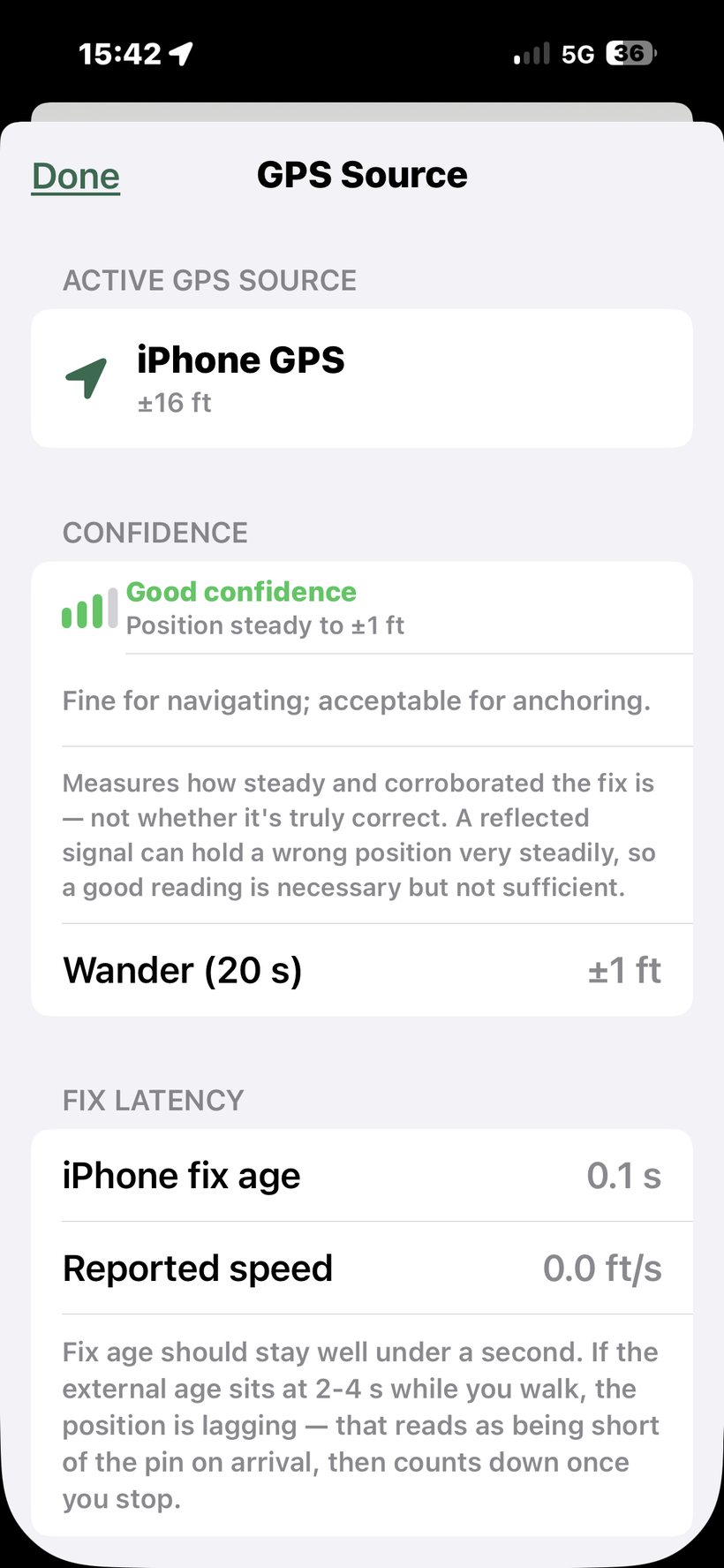 GPS Source sheet showing the active receiver, a four-bar confidence meter reading Good, the 20-second wander figure, and fix latency