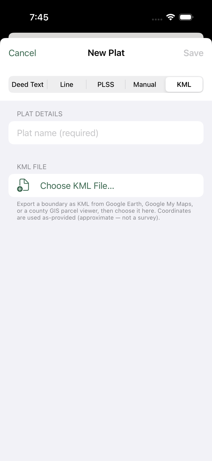 New Plat, KML tab: the Choose KML File button for importing a boundary