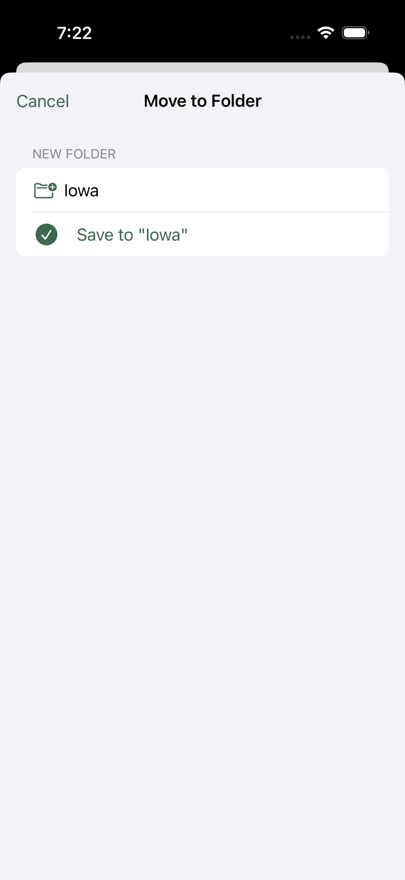 Move to Folder sheet showing existing folders and a New Folder field with Save to Texas