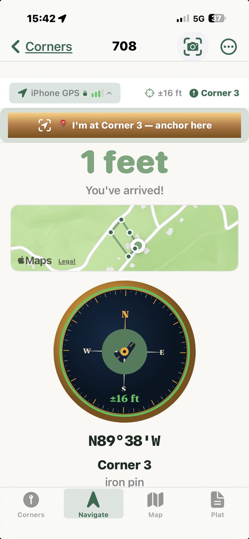 Navigate tab showing You've arrived at Corner 3, 1 foot, green confidence ring with a checkmark, iPhone GPS ±16 ft
