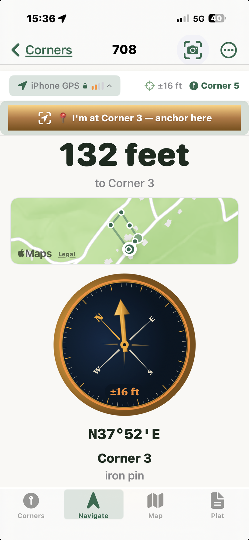 Navigate screen showing 132 feet to Corner 3 with a vintage compass, copper pointer, amber confidence ring, and engraved ±16 ft reading
