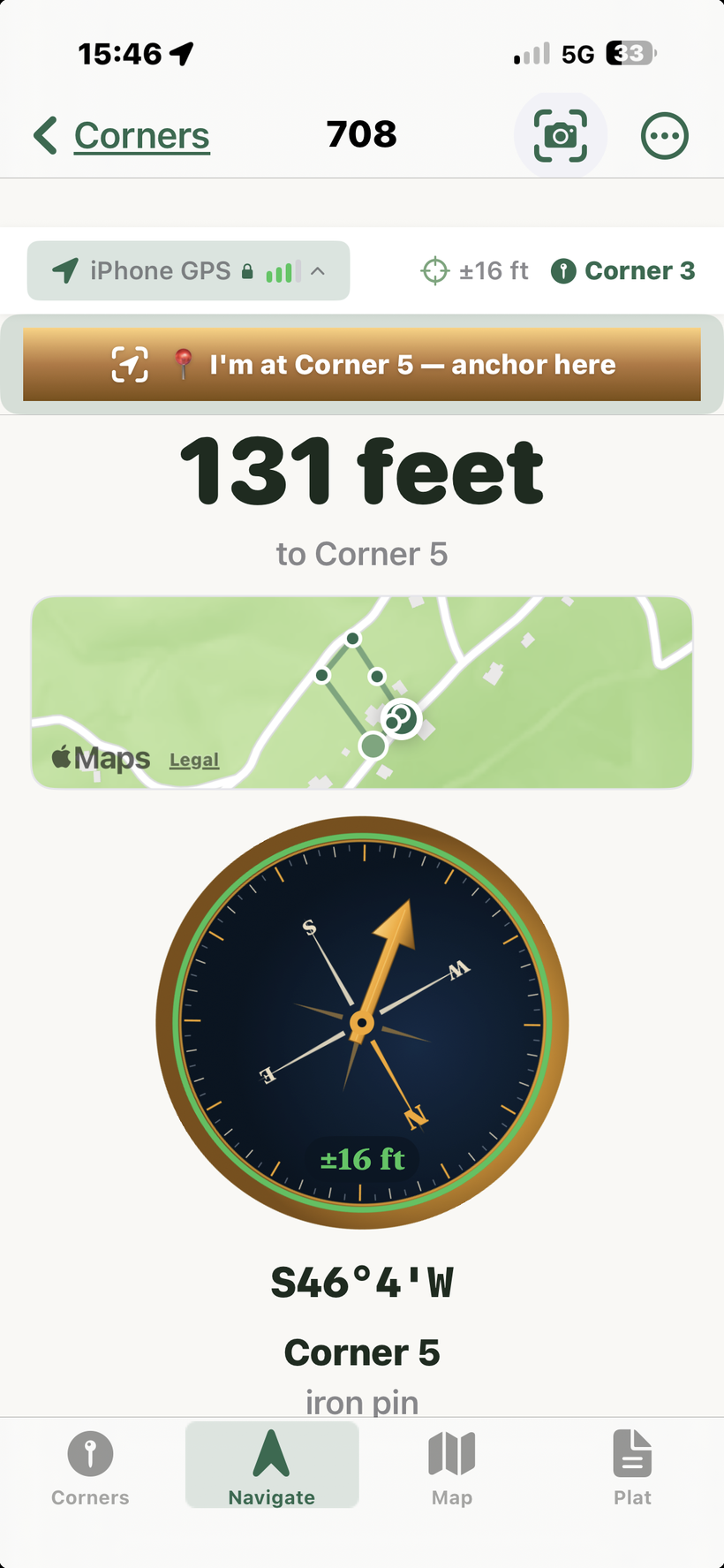 Navigate screen showing 131 feet to Corner 5, a vintage surveyor's compass with a green confidence ring, copper pointer, and an engraved ±16 ft reading