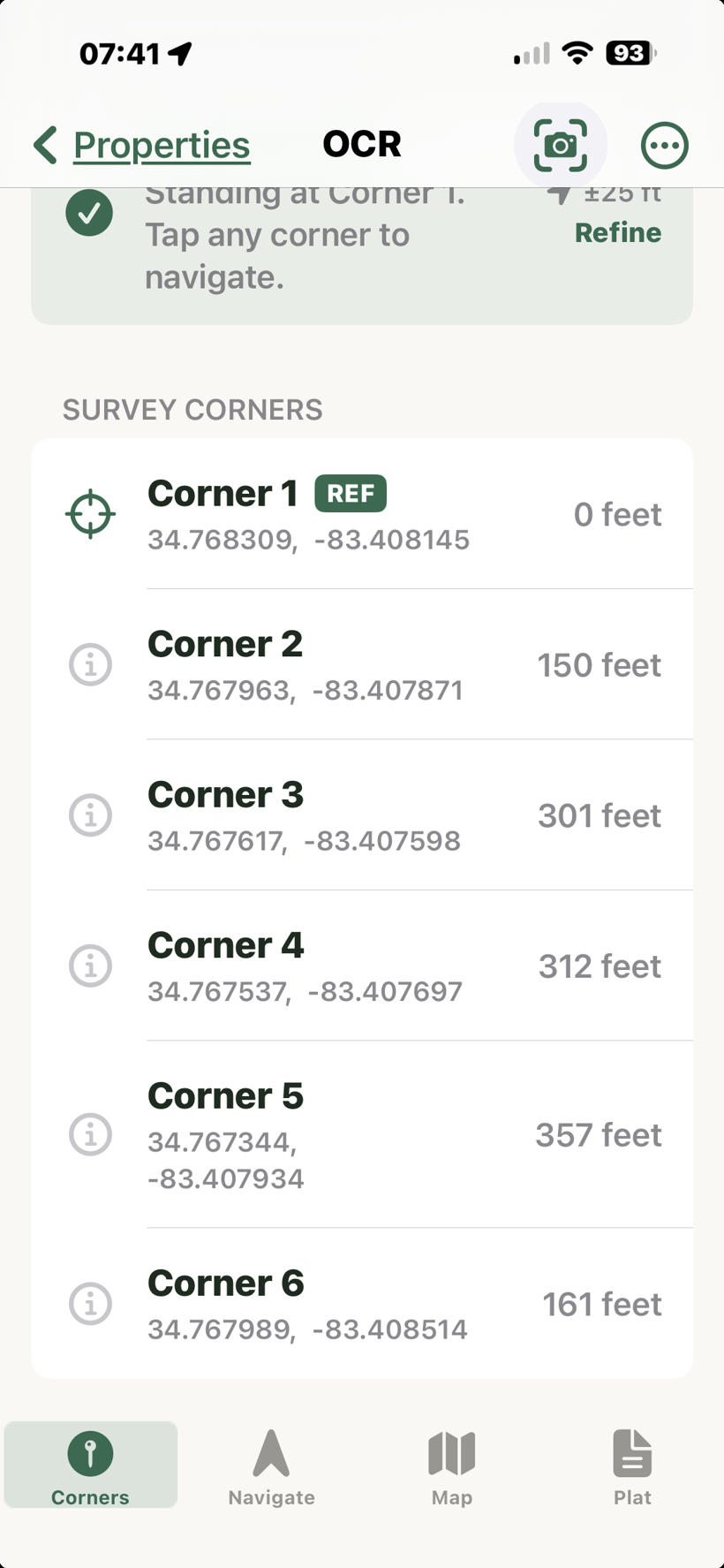 The parsed corner and leg list after an OCR scan