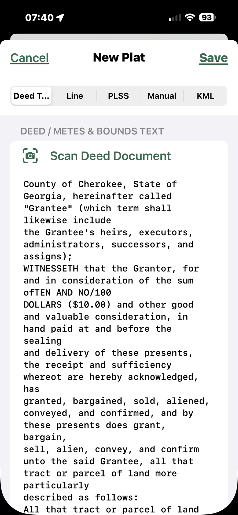 Deed Text field automatically populated with text recognized from a scanned deed