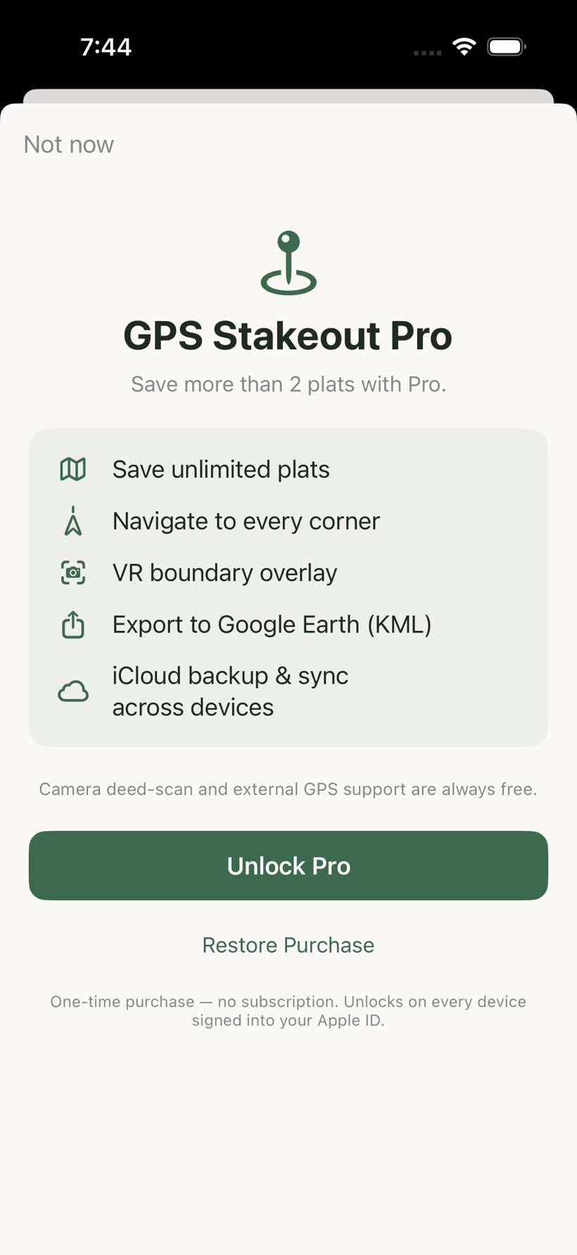 The GPS Stakeout Pro upgrade screen listing Pro features with Unlock Pro and Restore Purchase buttons