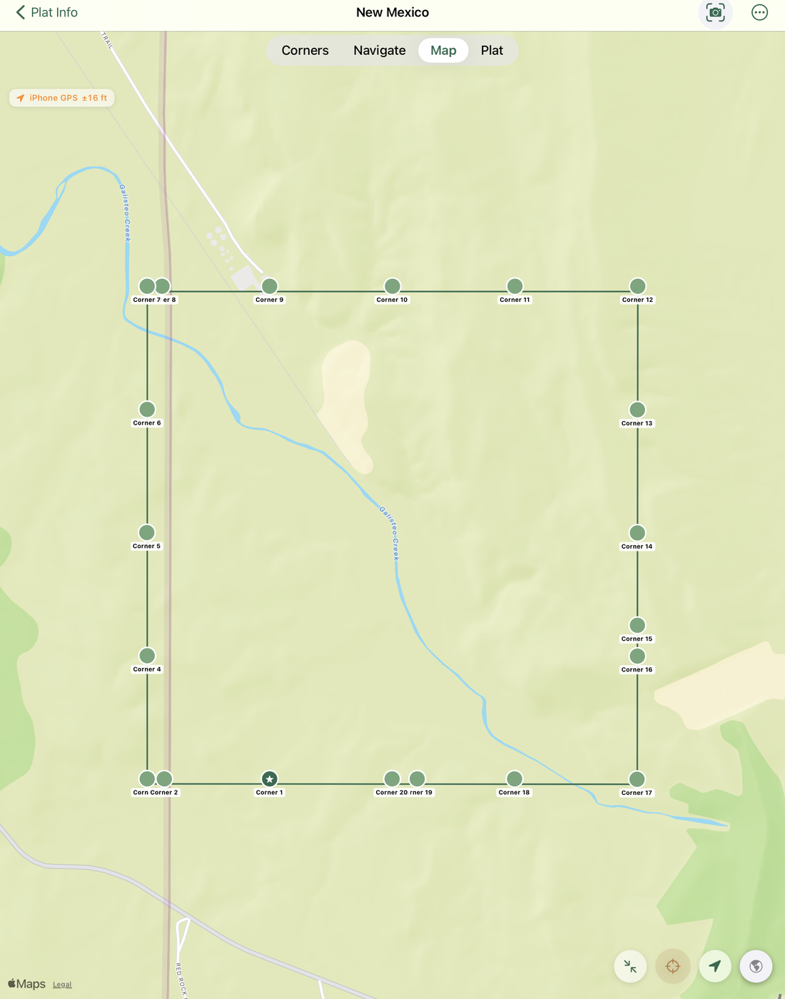 A PLSS section (T14N R7E S5, New Mexico) plotted on the standard map — the full rectangular section boundary with numbered corners around its edges