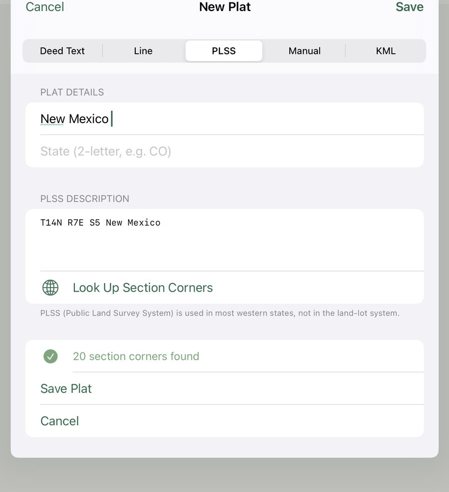 New Plat sheet with PLSS tab selected