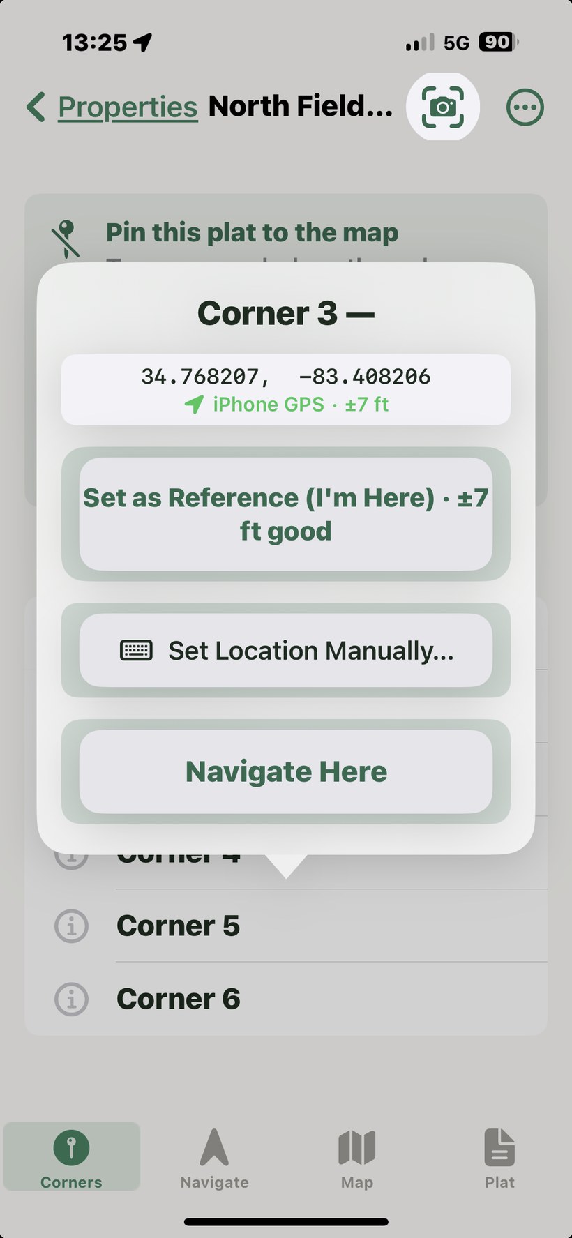 Set Reference dialog at Corner 1