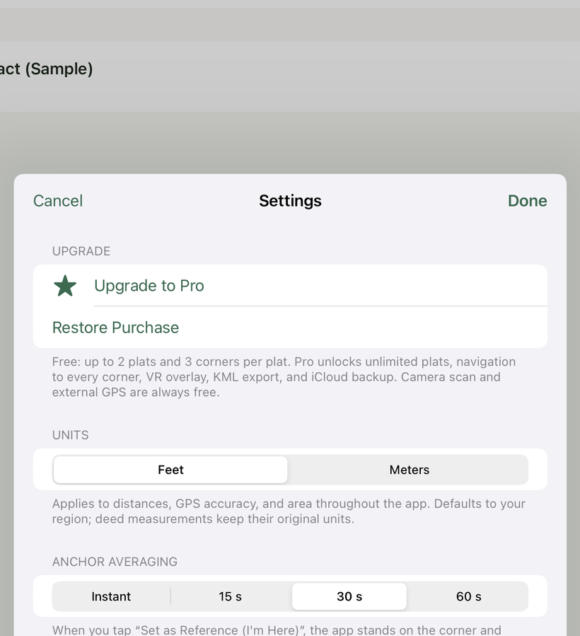 Settings showing the Upgrade section with Pro status and a Restore option